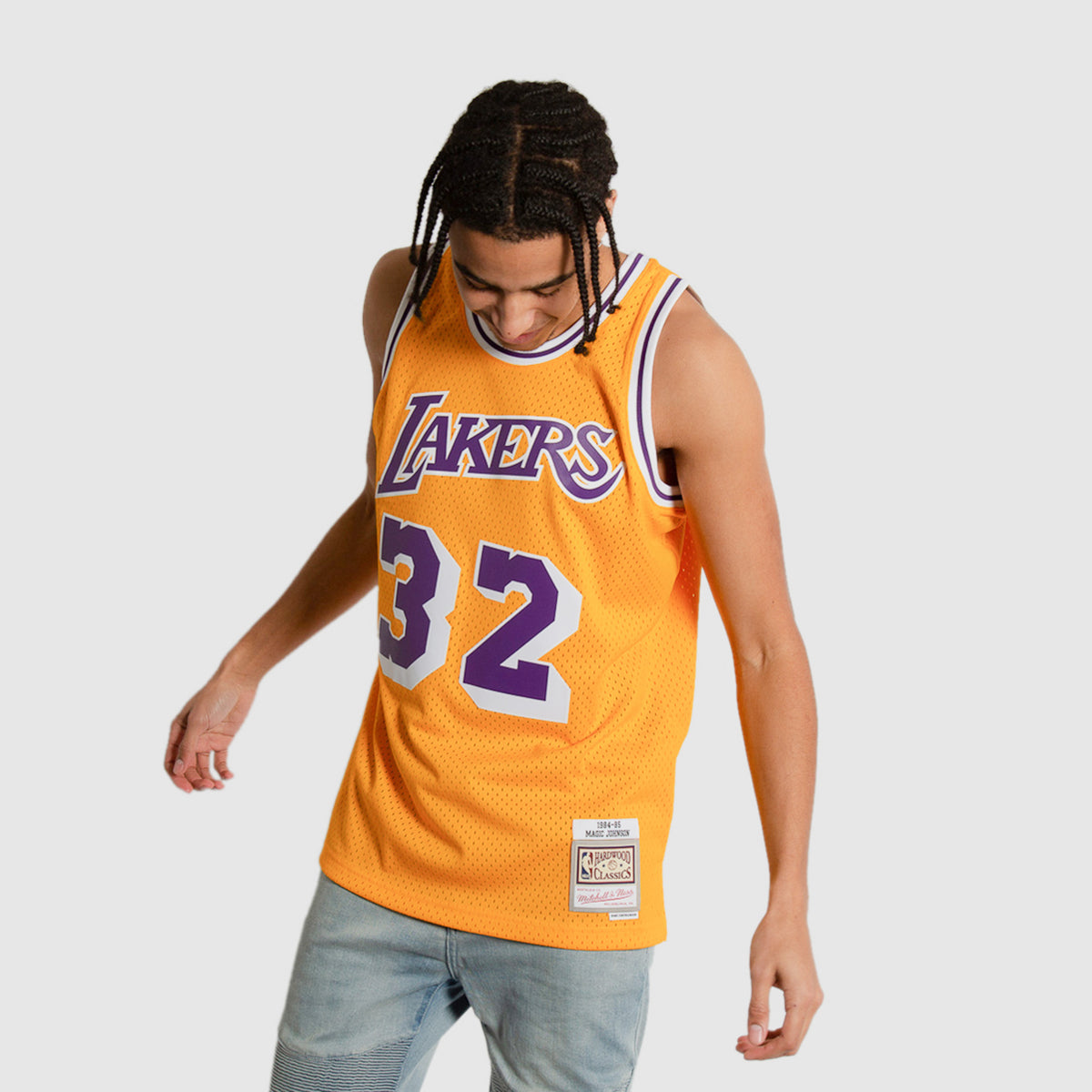 Magic Johnson White Los Angeles Lakers Throwback Basketball Jersey.